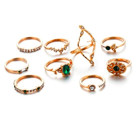 9 Piece Crystal Green Gold Stackable Knuckle Rings NWT - Picture 3 of 5